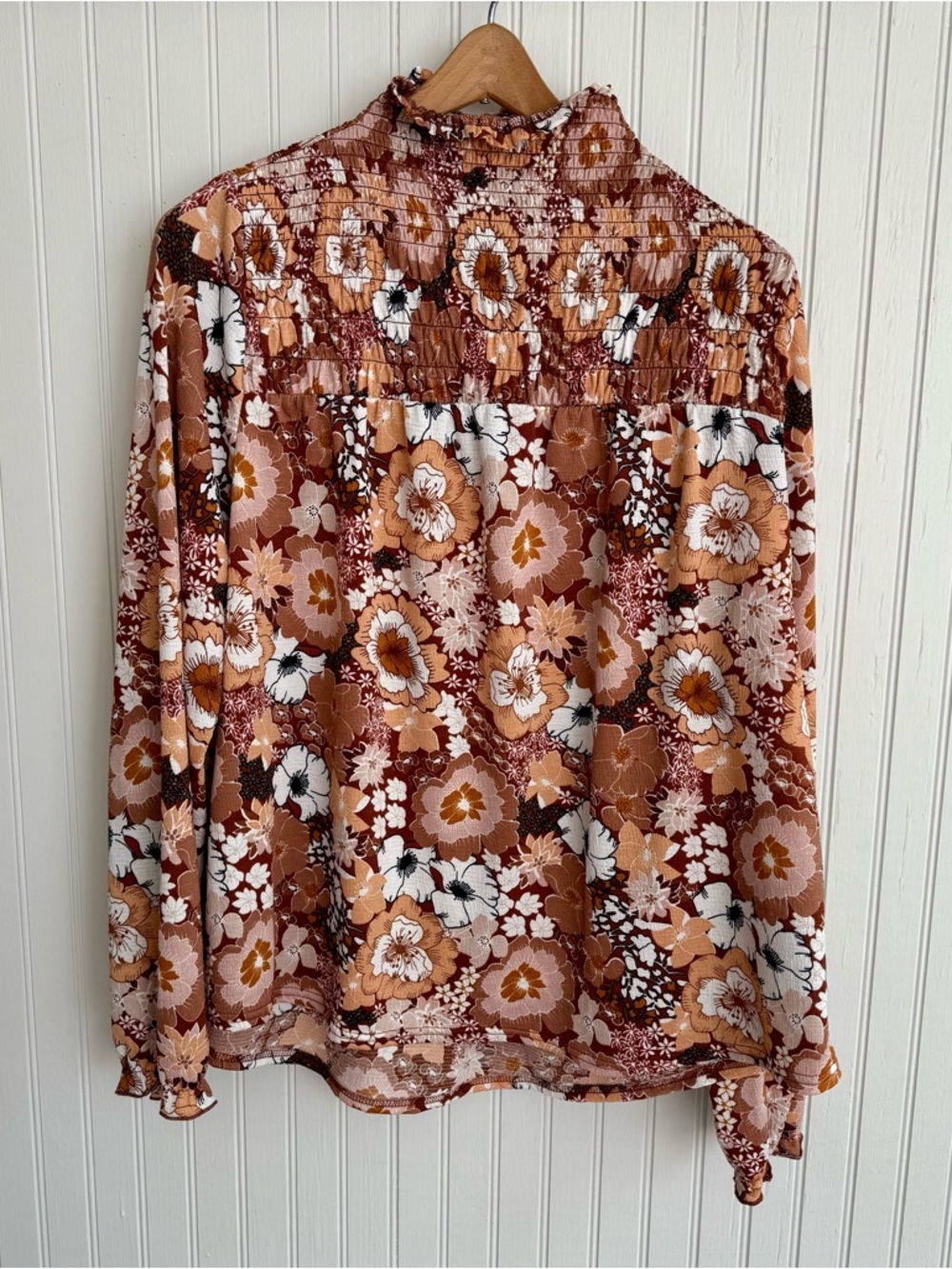 MELLODAY Brown Floral Smocked High-Neck Blouse Size M